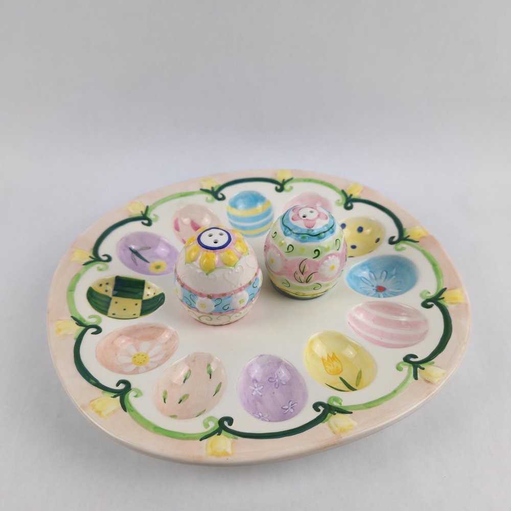 Easter Deviled Egg Tray Salt Pepper Shakers Ceramic 3 Piece Set Boxed